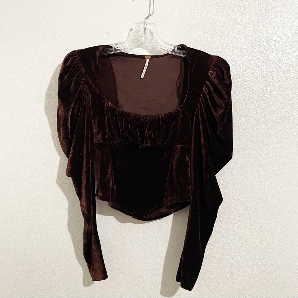 Free People Hold Me Velvet Long Puff Sleeve Top‎ in Brown